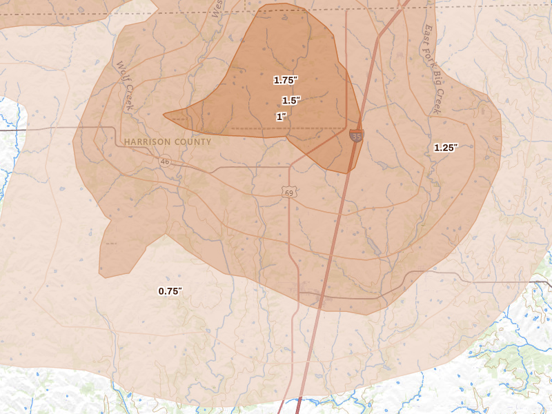 Radar-estimated hail-size map of the storm over Eagleville, MO on May 16, 2026