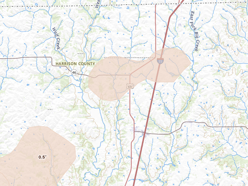 Radar-estimated hail-size map of the storm over Eagleville, MO on Jun 10, 2026