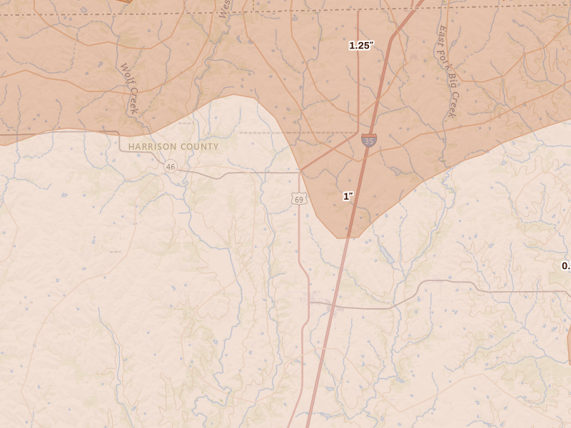 Radar-estimated hail-size map of the storm over Eagleville, MO on Jun 11, 2026