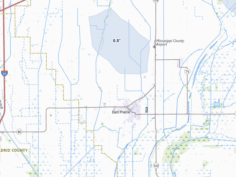 NEXRAD radar-signature map of the hail over East Prairie, MO