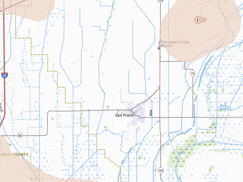 Radar-estimated hail-size map of the storm over East Prairie, MO on Apr 16, 2026