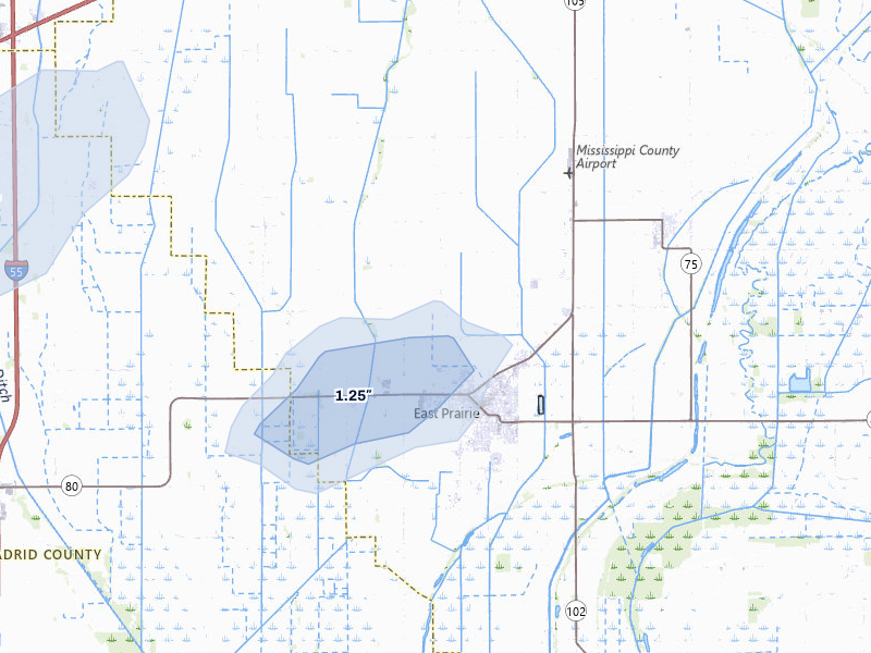 NEXRAD radar-signature map of the hail over East Prairie, MO