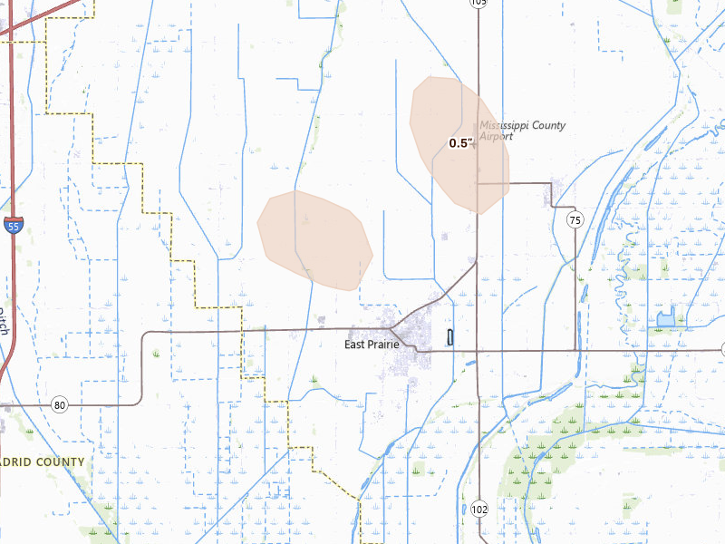 Radar-estimated hail-size map of the storm over East Prairie, MO on Apr 27, 2026