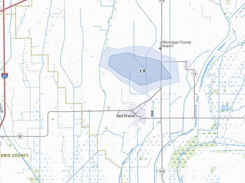 NEXRAD radar-signature map of the hail over East Prairie, MO