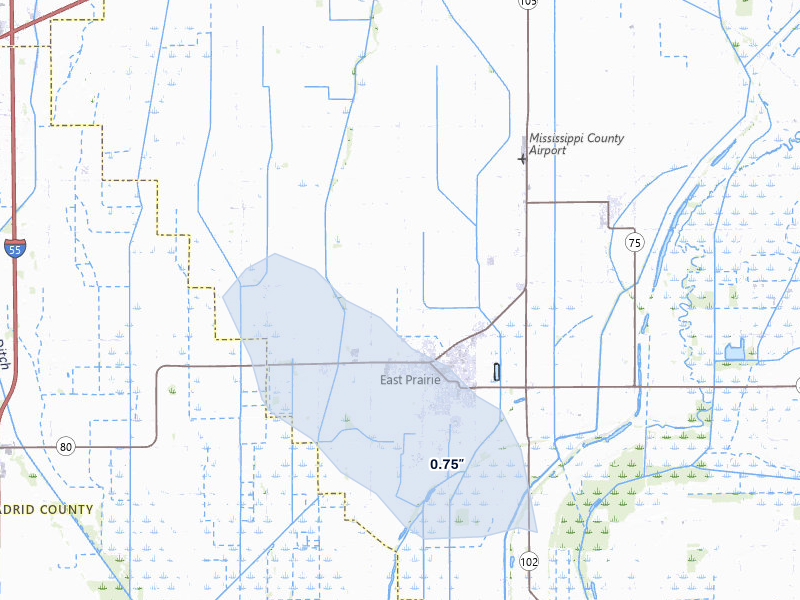 NEXRAD radar-signature map of the hail storm over East Prairie, MO on Jun 27, 2026