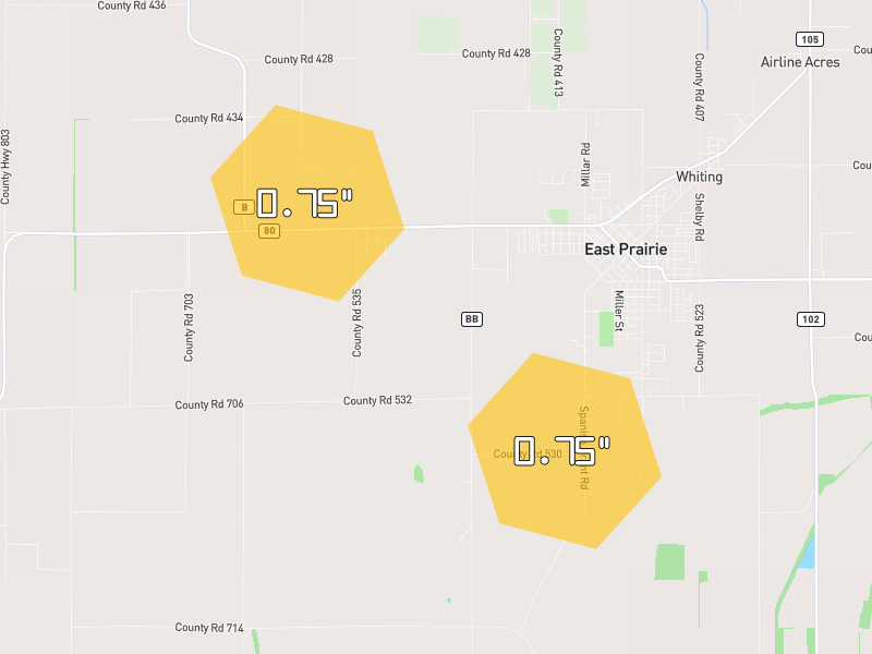 Hail map of East Prairie, MO on Jun 27, 2026, hail up to 0.75"