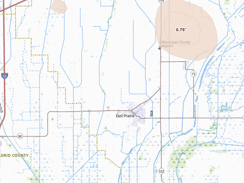 Radar-estimated hail-size map of the storm over East Prairie, MO on Jul 5, 2026
