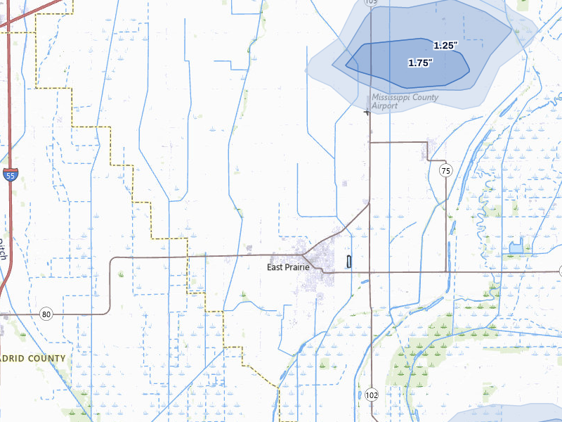 NEXRAD radar-signature map of the hail storm over East Prairie, MO on Jul 5, 2026