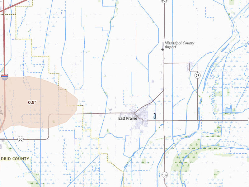 Radar-estimated hail-size map of the storm over East Prairie, MO on Jul 9, 2026
