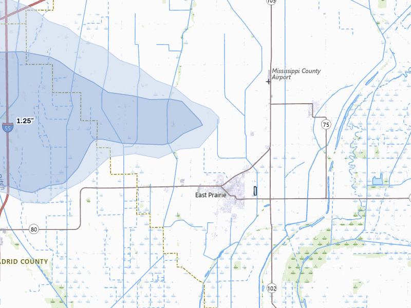 NEXRAD radar-signature map of the hail storm over East Prairie, MO on Jul 9, 2026
