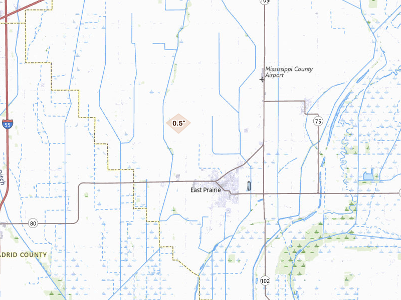 Radar-estimated hail-size map of the storm over East Prairie, MO on Jul 17, 2026