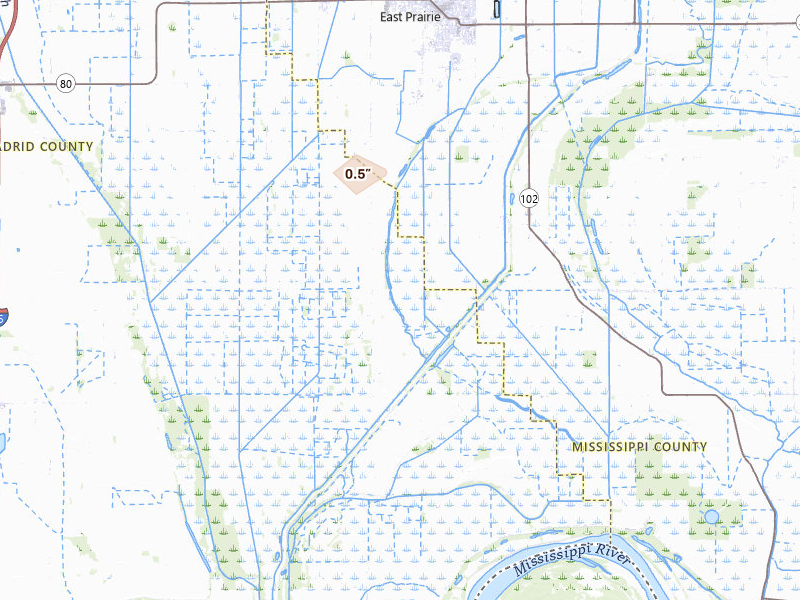 Radar-estimated hail-size map of the storm over East Prairie, MO on Aug 7, 2026