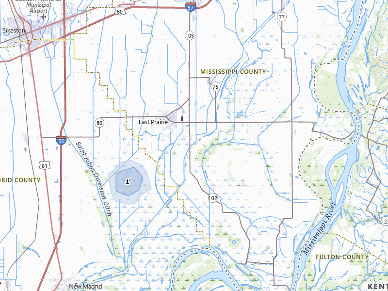 NEXRAD radar-signature map of the hail storm over East Prairie, MO on Aug 7, 2026