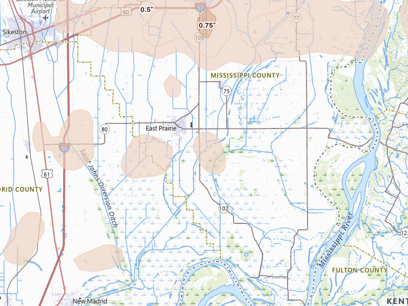 Radar-estimated hail-size map of the storm over East Prairie, MO on Aug 19, 2026
