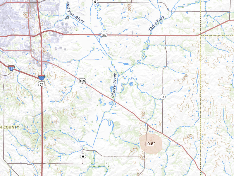 Radar-estimated hail-size map of the storm over Easton, MO on Mar 5, 2026