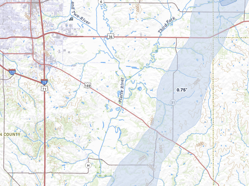 NEXRAD radar-signature map of the hail storm over Easton, MO on Mar 5, 2026