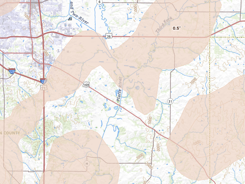 Radar-estimated hail-size map of the storm over Easton, MO on Jul 3, 2026