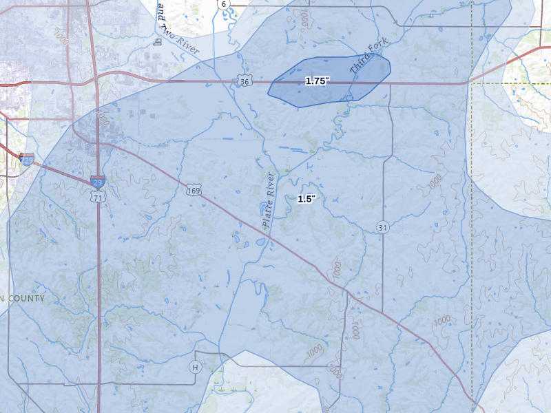 NEXRAD radar-signature map of the hail storm over Easton, MO on Jul 3, 2026