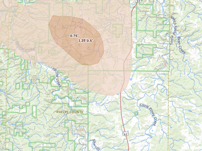 Radar-estimated hail-size map of the storm over Edgar Springs, MO on Aug 12, 2026