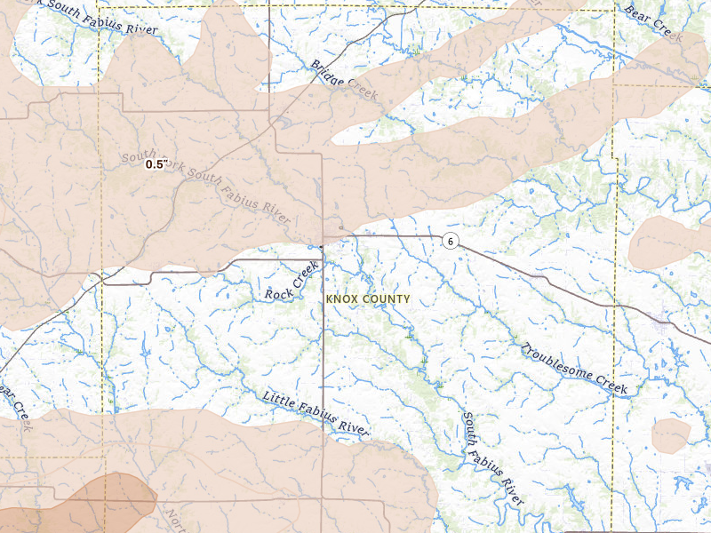 Radar-estimated hail-size map of the storm over Edina, MO on Jun 11, 2026