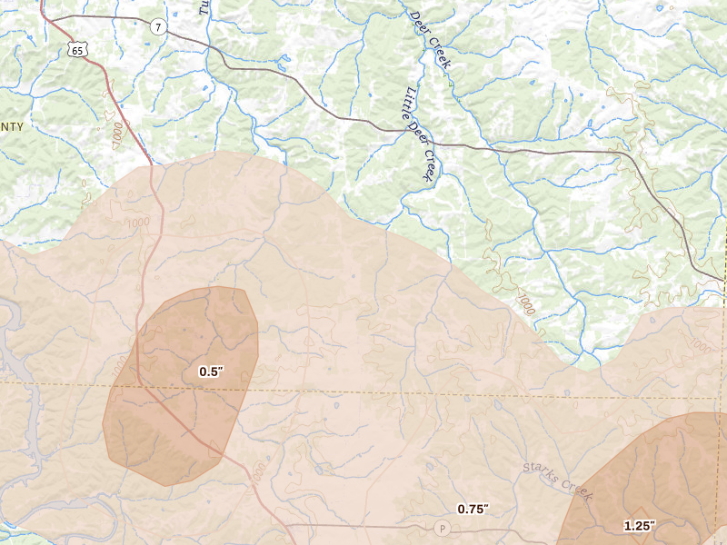 Radar-estimated hail-size map of the storm over Edwards, MO on Apr 26, 2026
