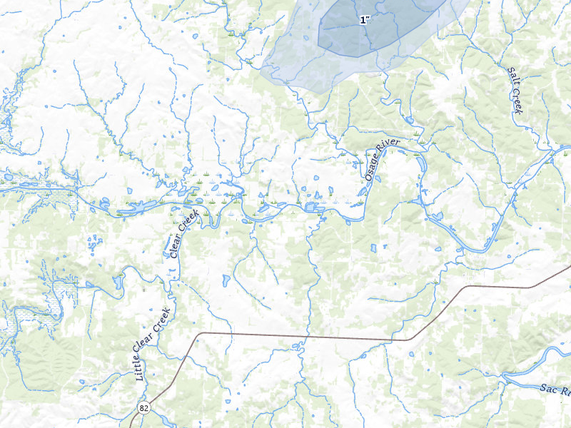 NEXRAD radar-signature map of the hail over El Dorado Springs, MO