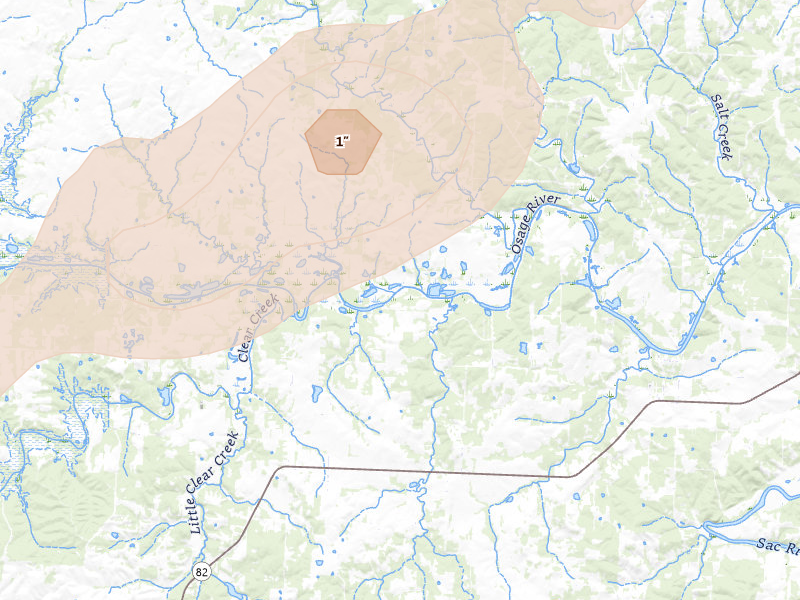 Radar-estimated hail-size map of the storm over El Dorado Springs, MO on Apr 17, 2026