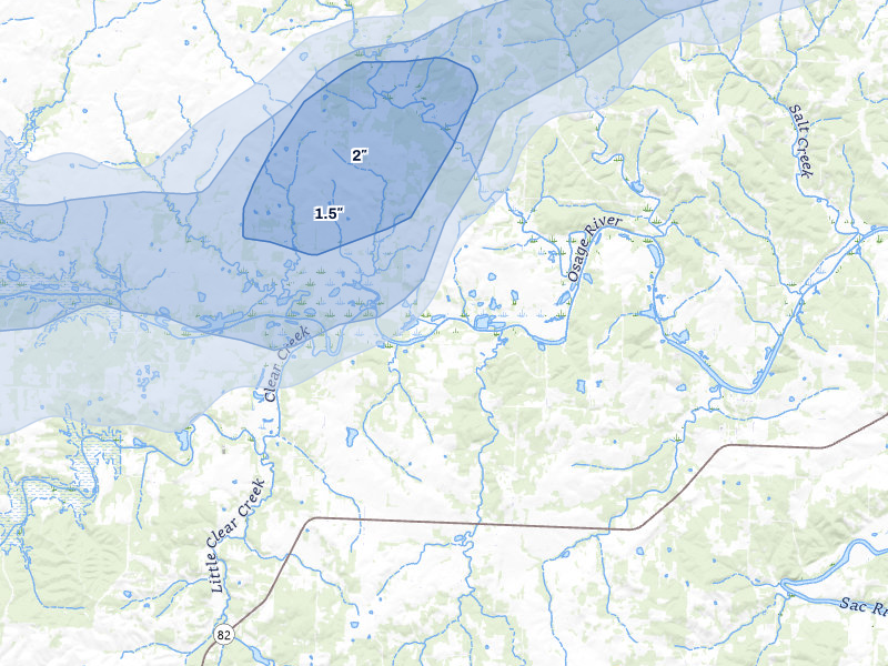 NEXRAD radar-signature map of the hail over El Dorado Springs, MO