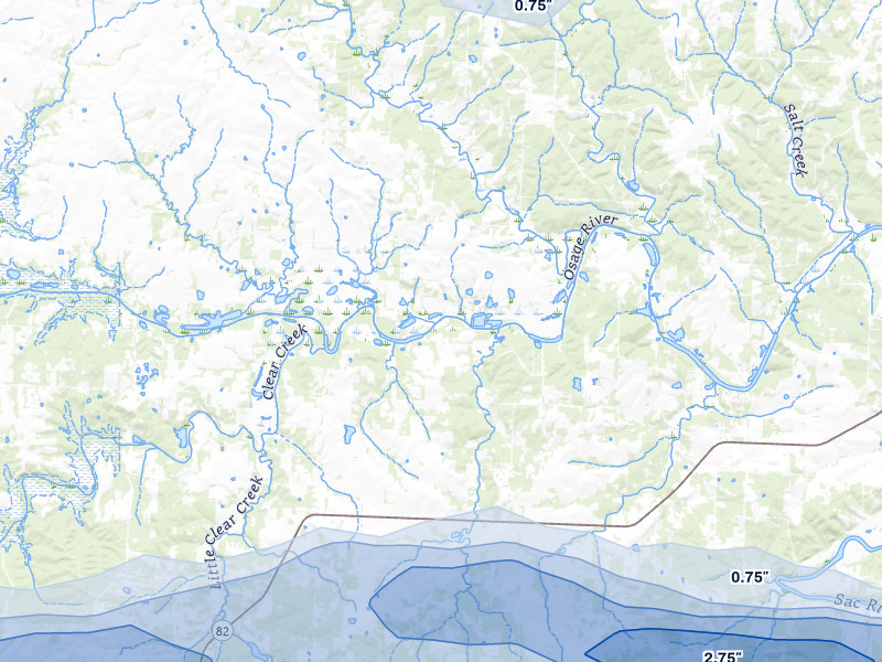 NEXRAD radar-signature map of the hail over El Dorado Springs, MO