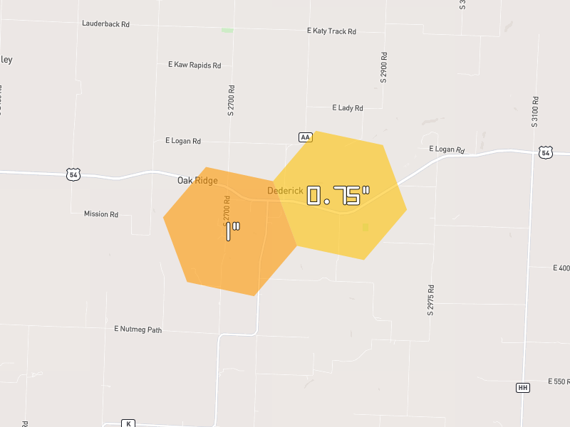 Hail map of El Dorado Springs, MO on Jun 1, 2026, hail up to 1"