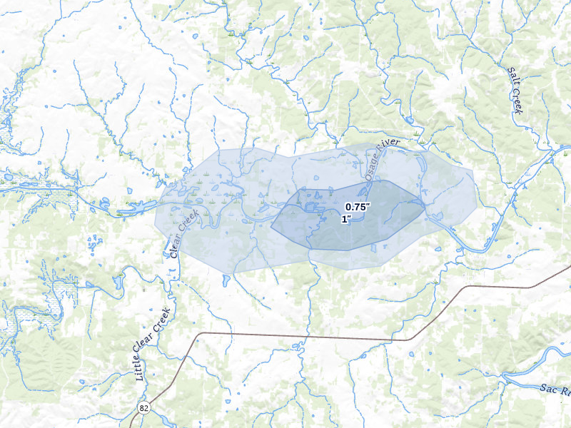 NEXRAD radar-signature map of the hail storm over El Dorado Springs, MO on Jun 8, 2026