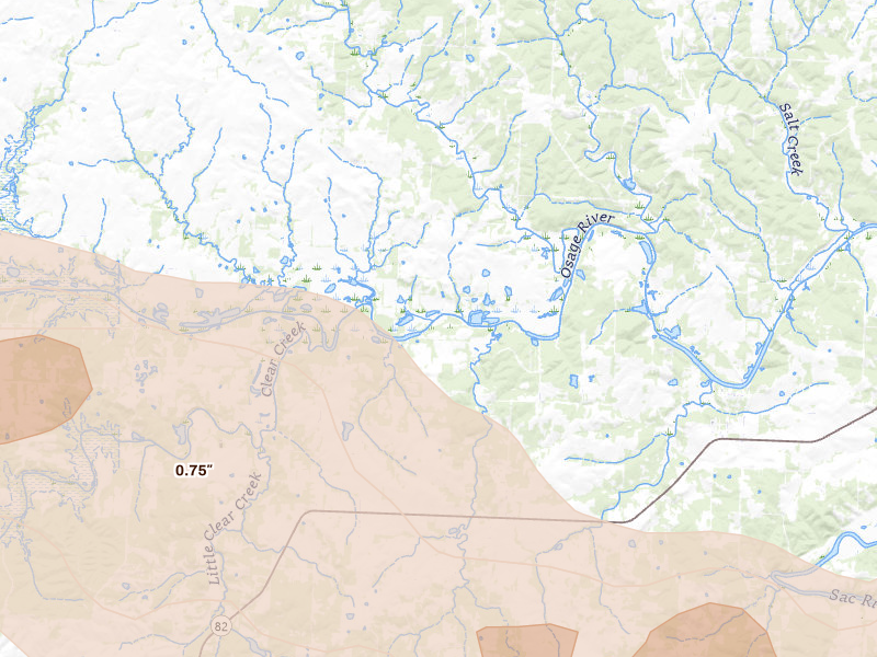 Radar-estimated hail-size map of the storm over El Dorado Springs, MO on Jun 17, 2026