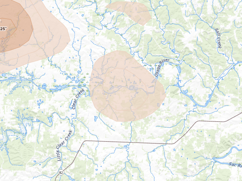 Radar-estimated hail-size map of the storm over El Dorado Springs, MO on Jul 4, 2026