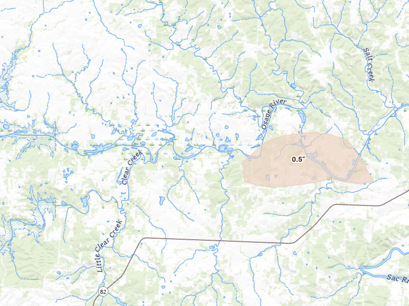 Radar-estimated hail-size map of the storm over El Dorado Springs, MO on Jul 8, 2026