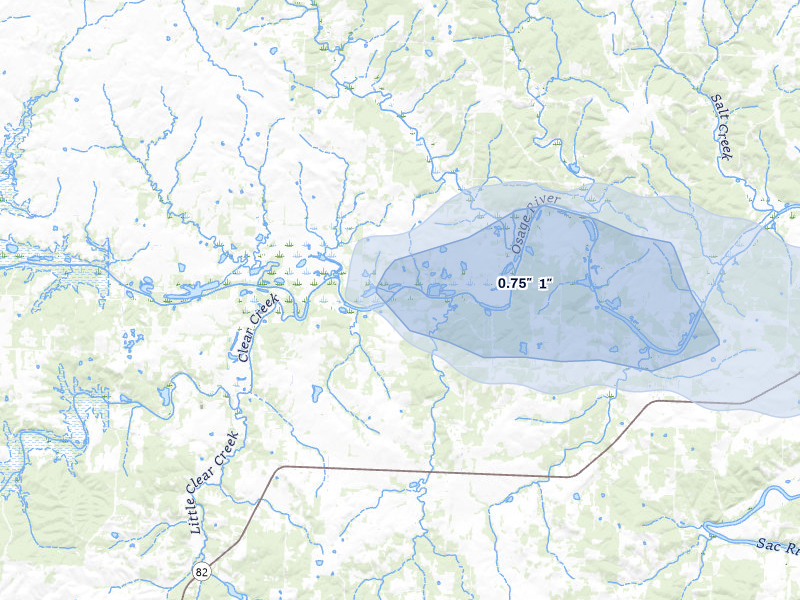 NEXRAD radar-signature map of the hail storm over El Dorado Springs, MO on Jul 8, 2026