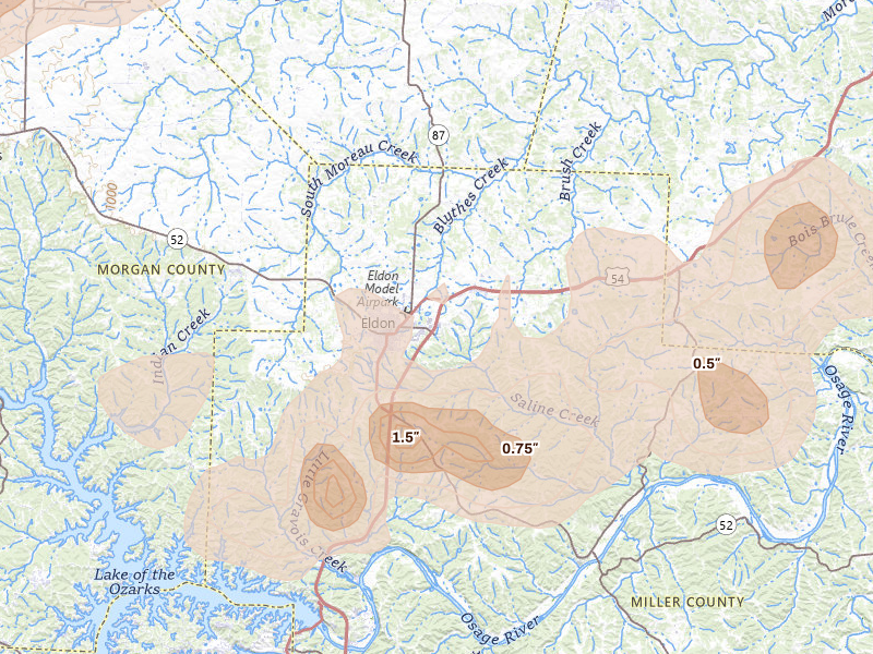 Radar-estimated hail-size map of the storm over Eldon, MO on Apr 27, 2026