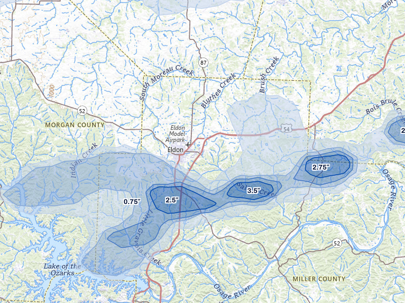 NEXRAD radar-signature map of the hail storm over Eldon, MO on Apr 27, 2026