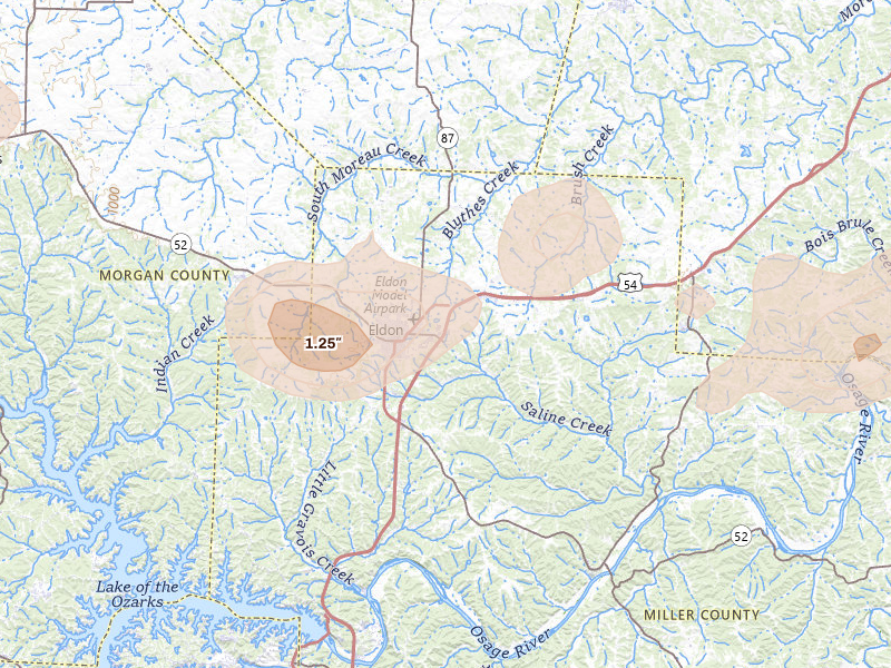 Radar-estimated hail-size map of the storm over Eldon, MO on Jul 4, 2026