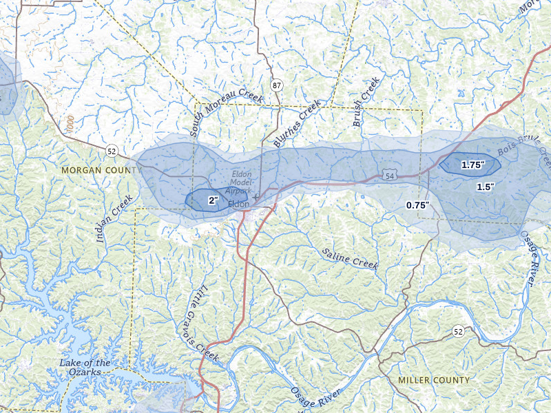 NEXRAD radar-signature map of the hail storm over Eldon, MO on Jul 4, 2026