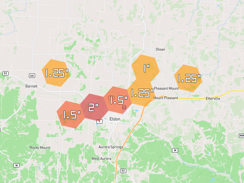 Hail map of Eldon, MO on Jul 4, 2026, hail up to 2"