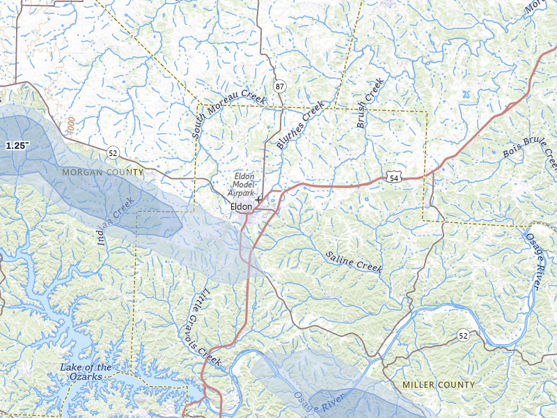 NEXRAD radar-signature map of the hail storm over Eldon, MO on Jul 10, 2026