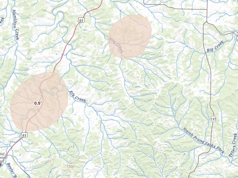 Radar-estimated hail-size map of the storm over Elk Creek, MO on Mar 15, 2026