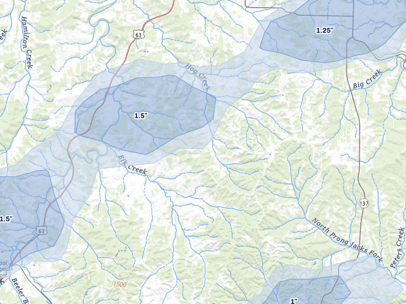 NEXRAD radar-signature map of the hail over Elk Creek, MO