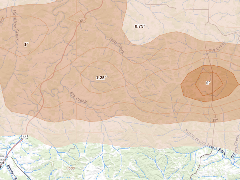Radar-estimated hail-size map of the storm over Elk Creek, MO on Apr 27, 2026