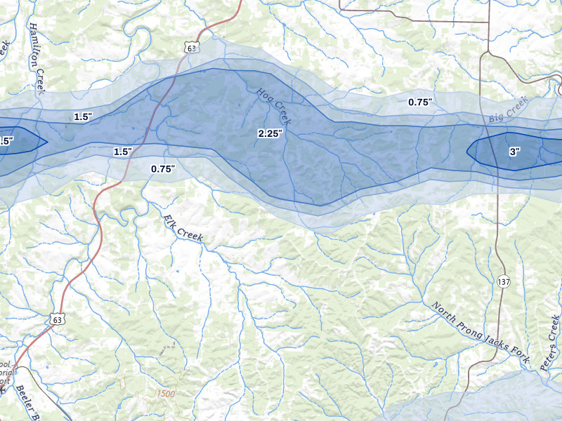 NEXRAD radar-signature map of the hail over Elk Creek, MO