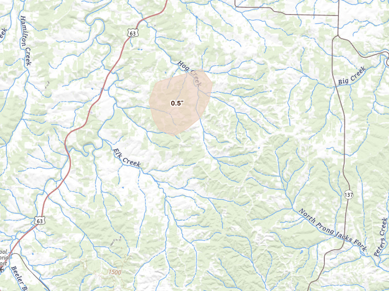 Radar-estimated hail-size map of the storm over Elk Creek, MO on Apr 28, 2026