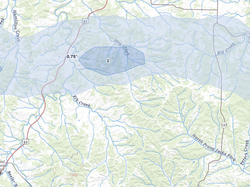 NEXRAD radar-signature map of the hail storm over Elk Creek, MO on Apr 28, 2026