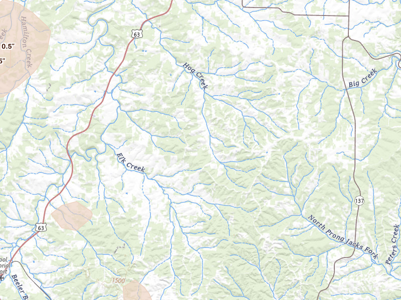 Radar-estimated hail-size map of the storm over Elk Creek, MO on May 30, 2026