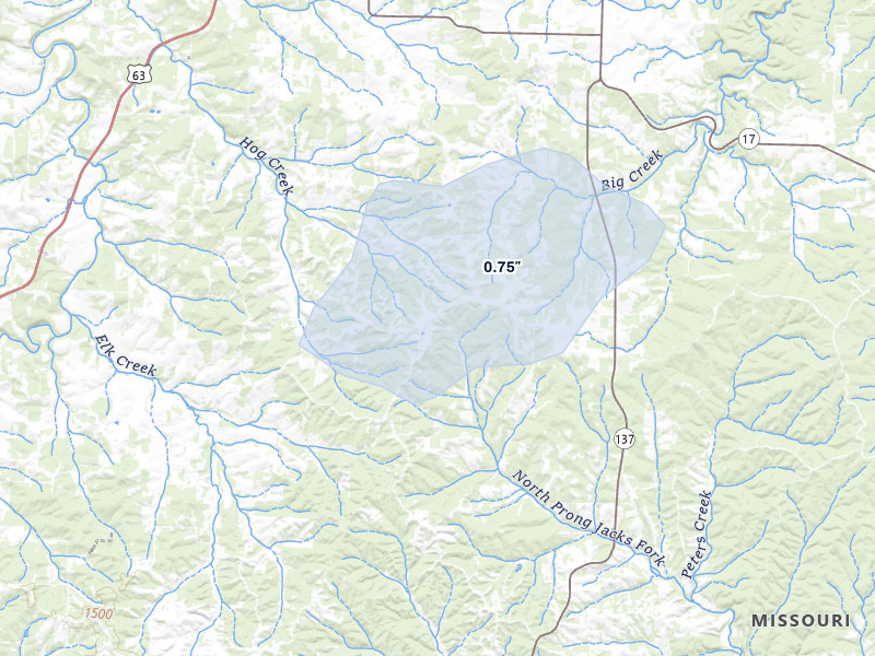 NEXRAD radar-signature map of the hail storm over Elk Creek, MO on Jul 31, 2026