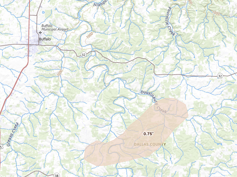 Radar-estimated hail-size map of the storm over Elkland, MO on Apr 1, 2026
